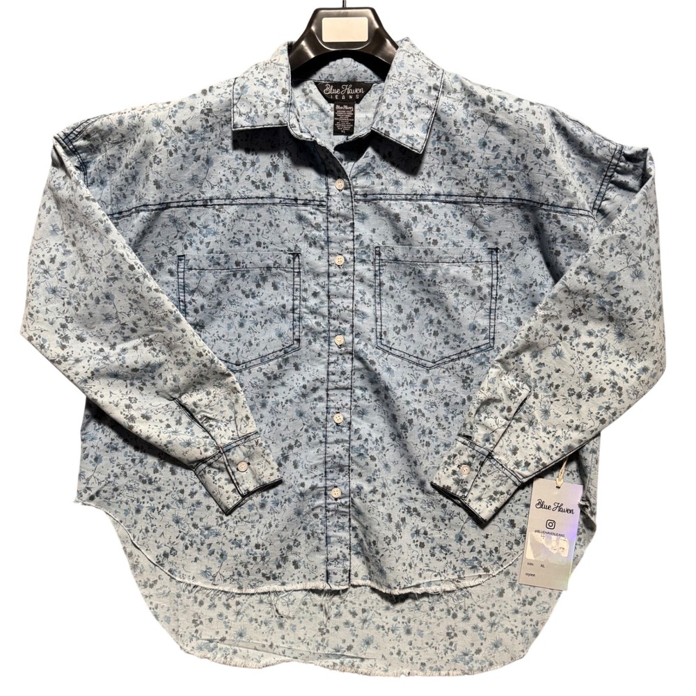 Blue Haven Jeans Floral Chambray Shirt Womens XL Frayed Hem Western Button‎ Down